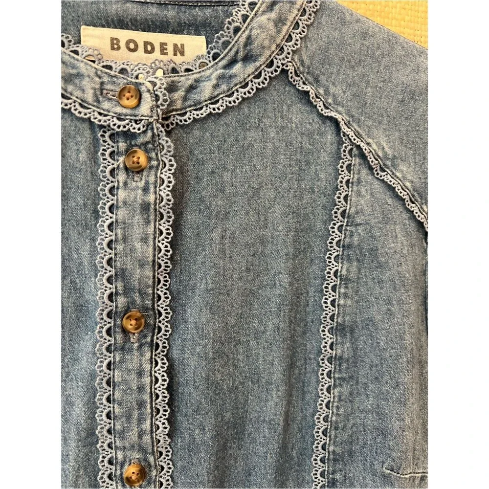 Boden Rhea Trim Insert Denim Button Up Top Blouse Light Vintage Sz 6